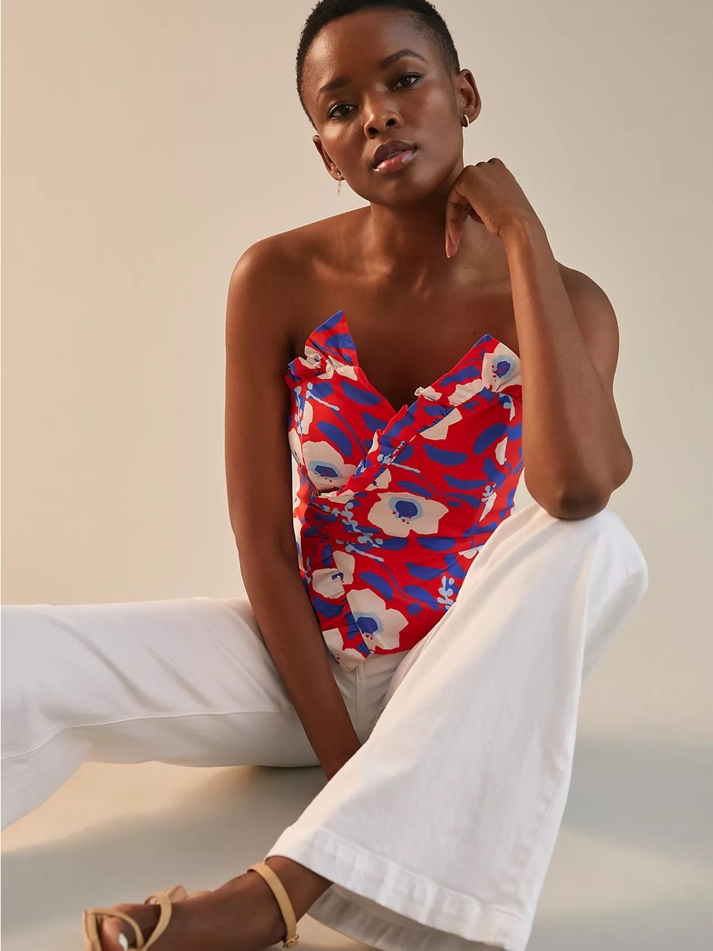 NWT Anthropologie Hutch Red Blue White Floral Strapless Ruffle Top - Picture 6 of 9